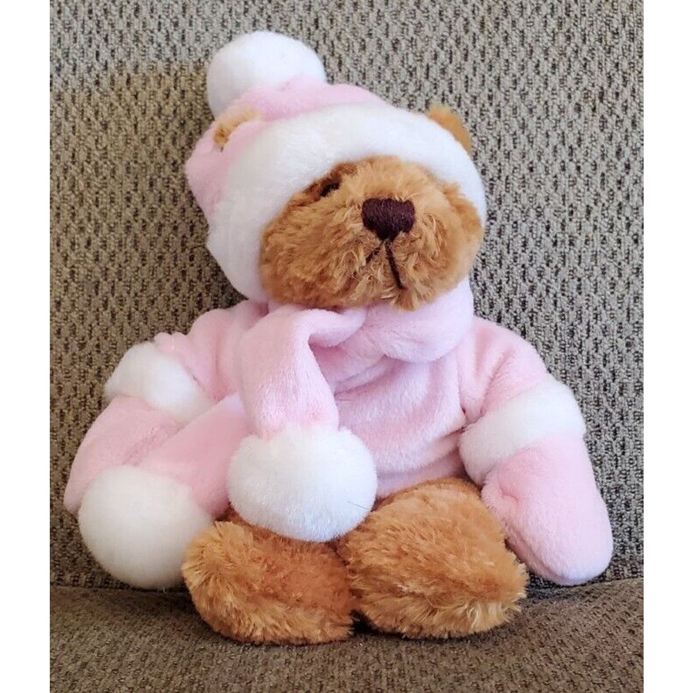 Vintage 2000 Pink White Brown Winter 8" Bear Stuffed Animal Plush Toy Plushland